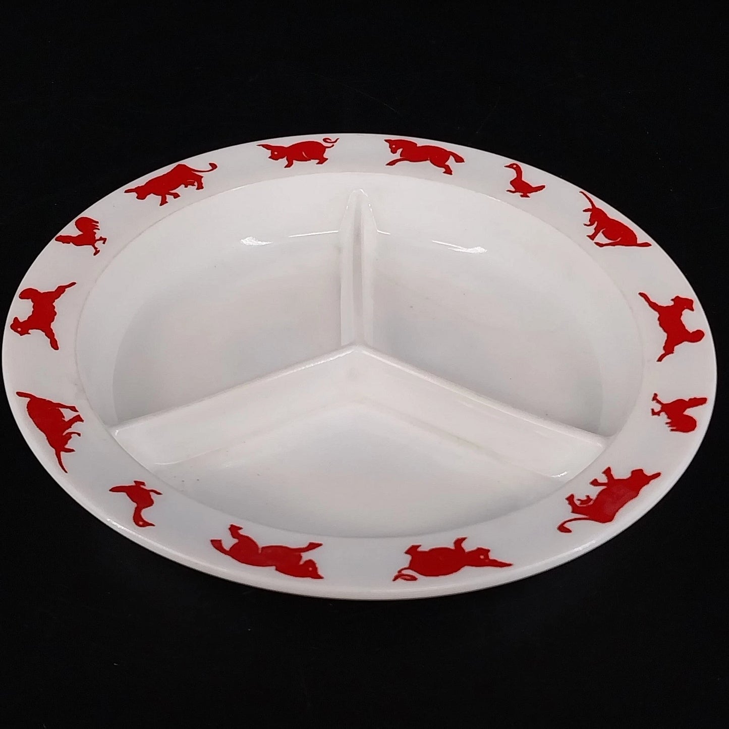 Hazel Atlas Milk Glass Child's Divided Bowl Dish Red Animal Border USA Vintage