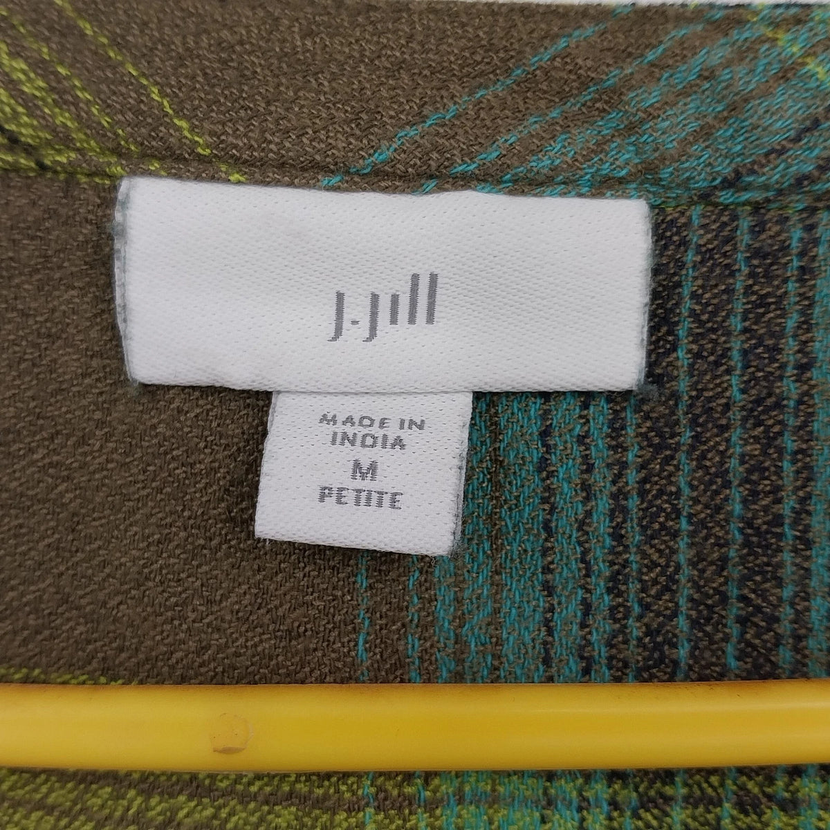 J.Jill Plaid Embroidered Popover Shirt Green Women's Medium Petite Long Sleeve