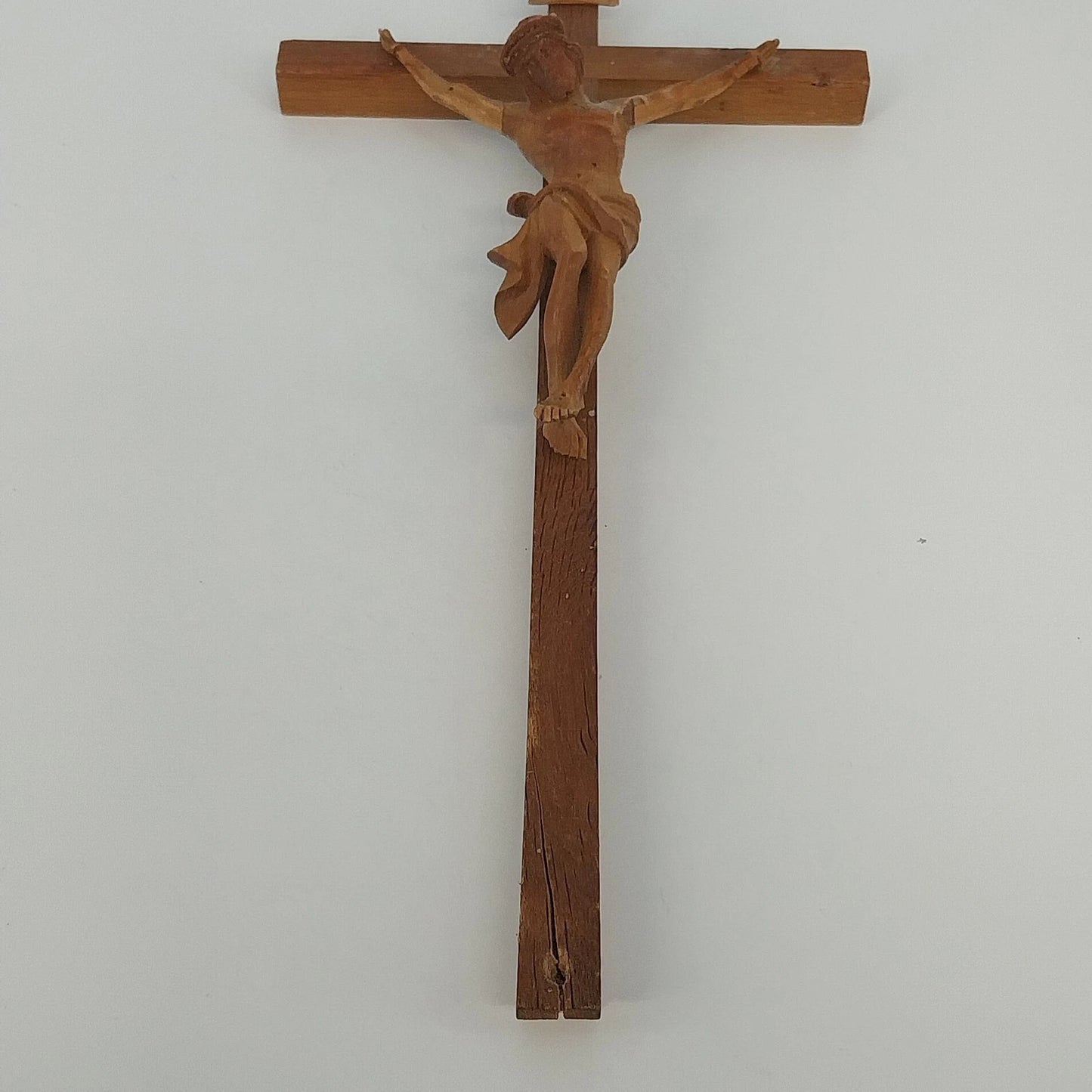 Hand Carved Wooden Crucifix Jesus INRI Two Tone Brown 15" Wall Cross Vintage