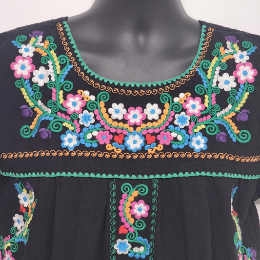 YZXDORWJ Embroidered Boho Shirt Black Crinkle Cotton Blend Short Sleeve Size XXL