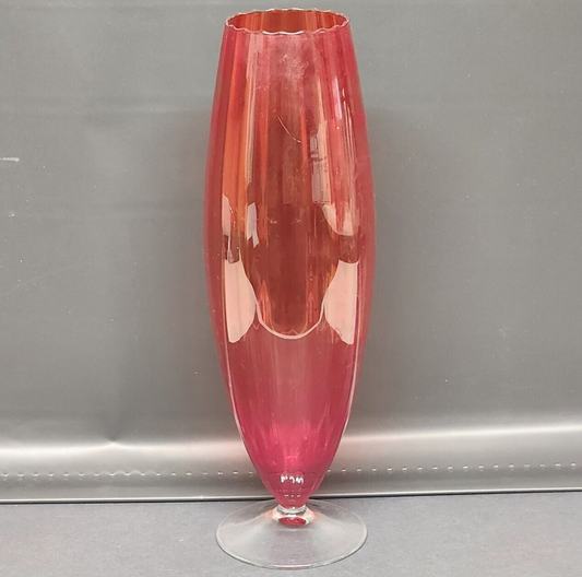 Orange Glass Optic Vase MCM Large 1950s Vintage Italian Ribbed Footed 17-1/2"