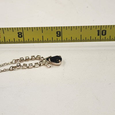Silver Tone Chain with Rhinestones & Black Onyx Teardrop Stone 9" Long Necklace