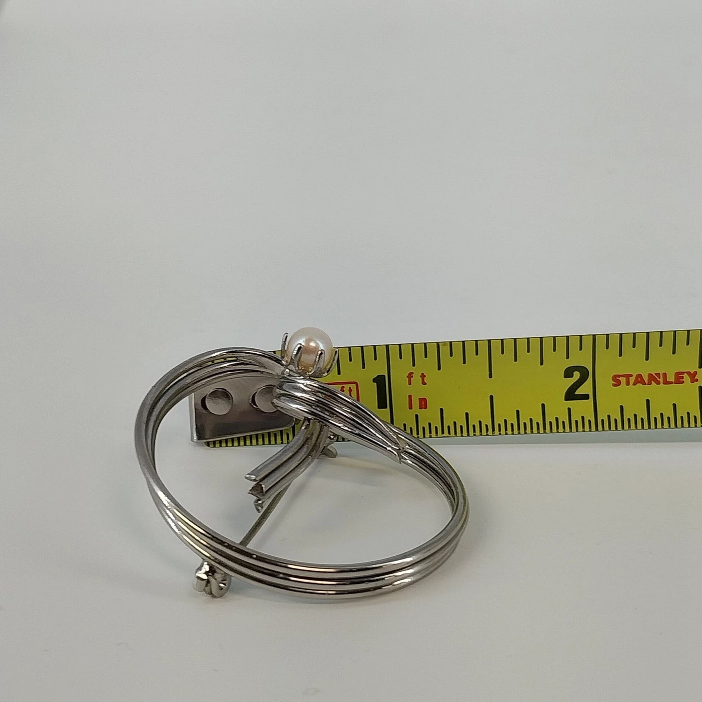 Sterling Silver Circle Brooch Faux Pearl Modernist Pin .925 Polished 1.5"