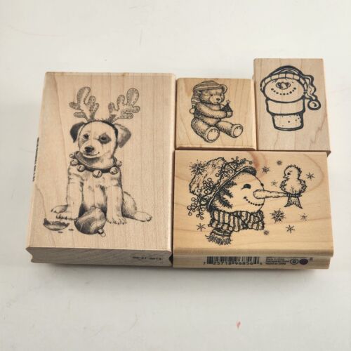 Lot of 4 Holiday & Christmas Themed Animal and Snowmen Pattern Rubber Stamps