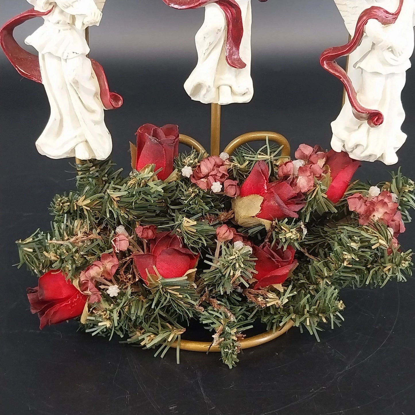 Angel Trio 3-Candle Holder Burgundy Floral Wreath Christmas Centerpiece 9"