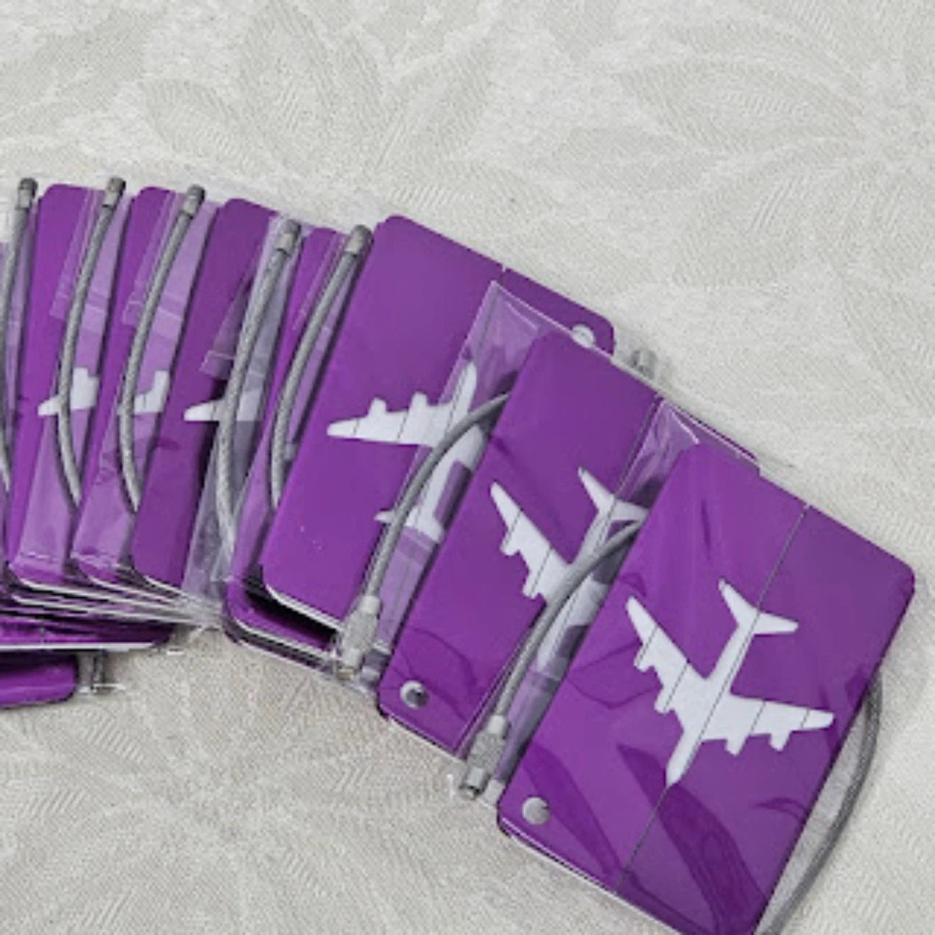 10pc Aluminum Luggage Tags Purple Airplane Design, 3x1.5, Cable Loop Lock NOS