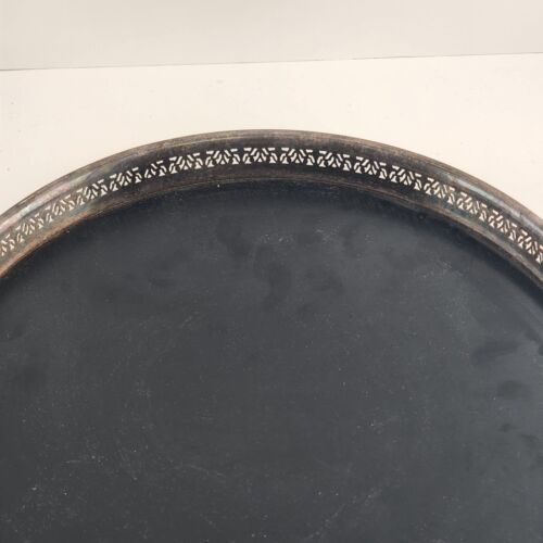 Reticulated Round Cocktail Serving Tray Black Formica Silver Plated 10.5" Vtg