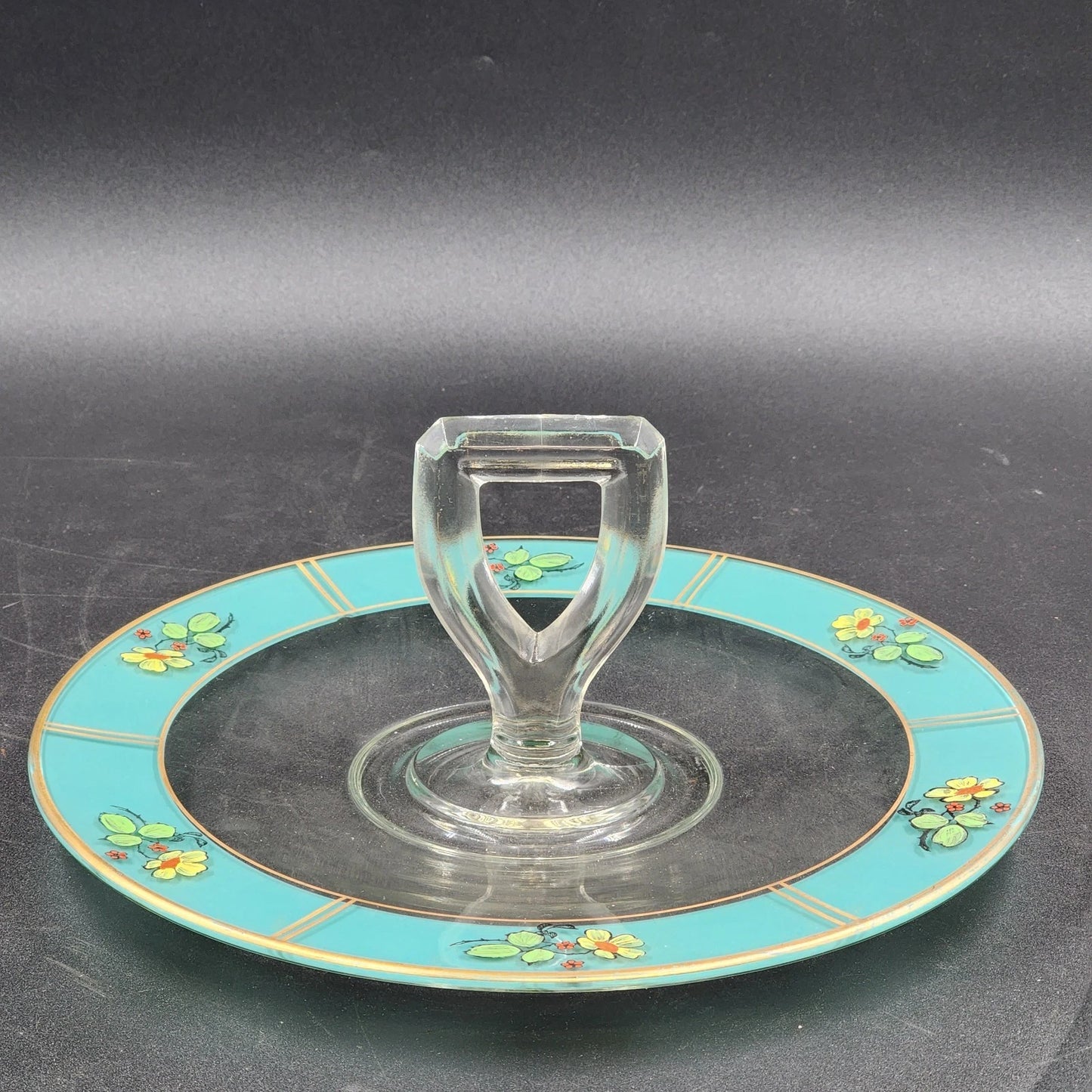 Reverse Painted Glass Tidbit Tray French cottage tableware Blue 11" MCM Server