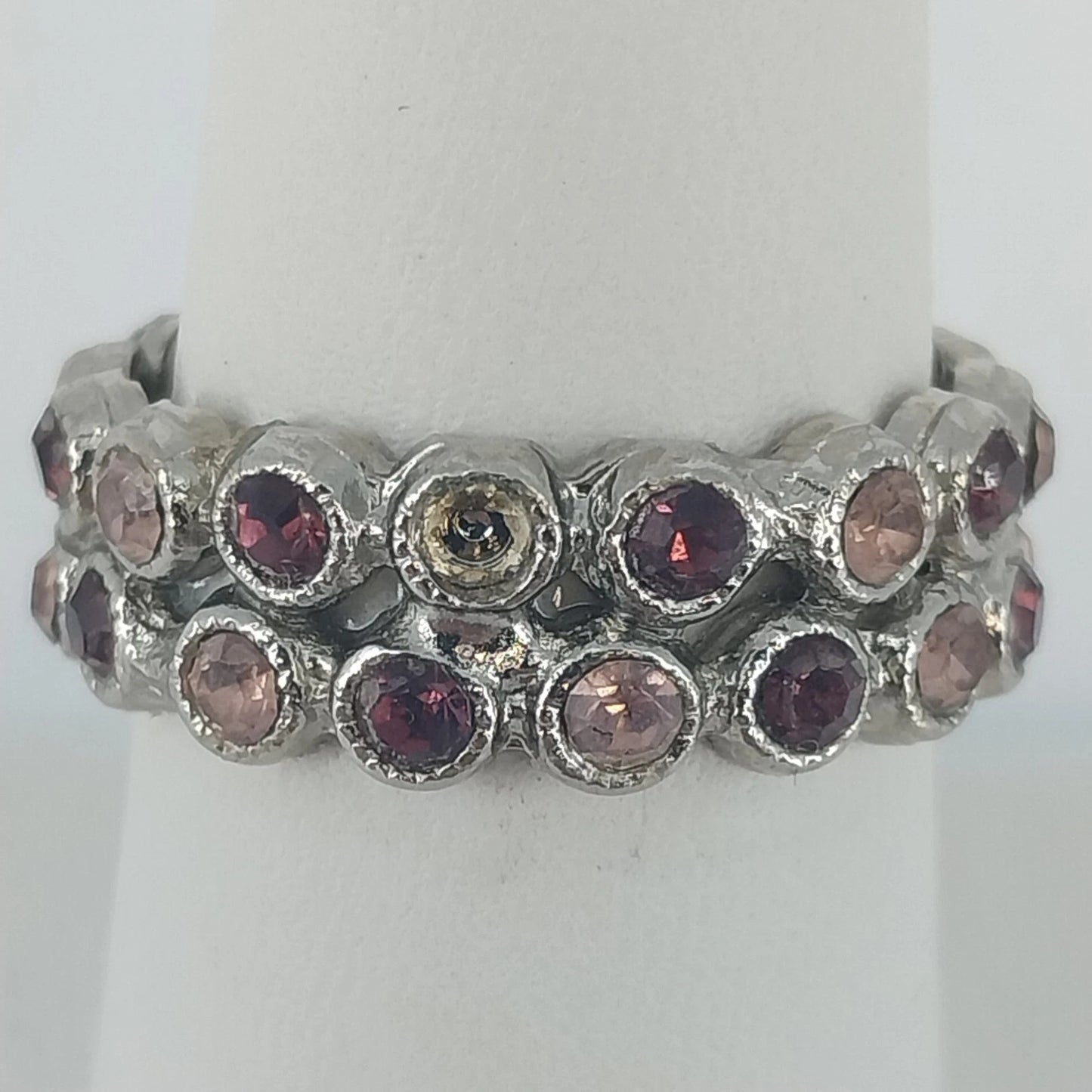 Silver Tone Pink Purple Rhinestone Double Row Band Ring Size 8 Statement Fashion