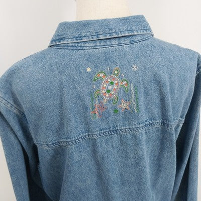 Christopher & Banks Denim Shirt Jacket Size Large Embroidered Long Sleeve Casual