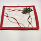 Set of 4 White Red Christmas Napkins 17x16" Holly Design Red Border Hemmed