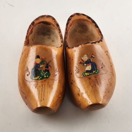 Pair Wooden Shoes Wall Hanging Small Dutch Holland Carved Planters 2 Pc 1960s