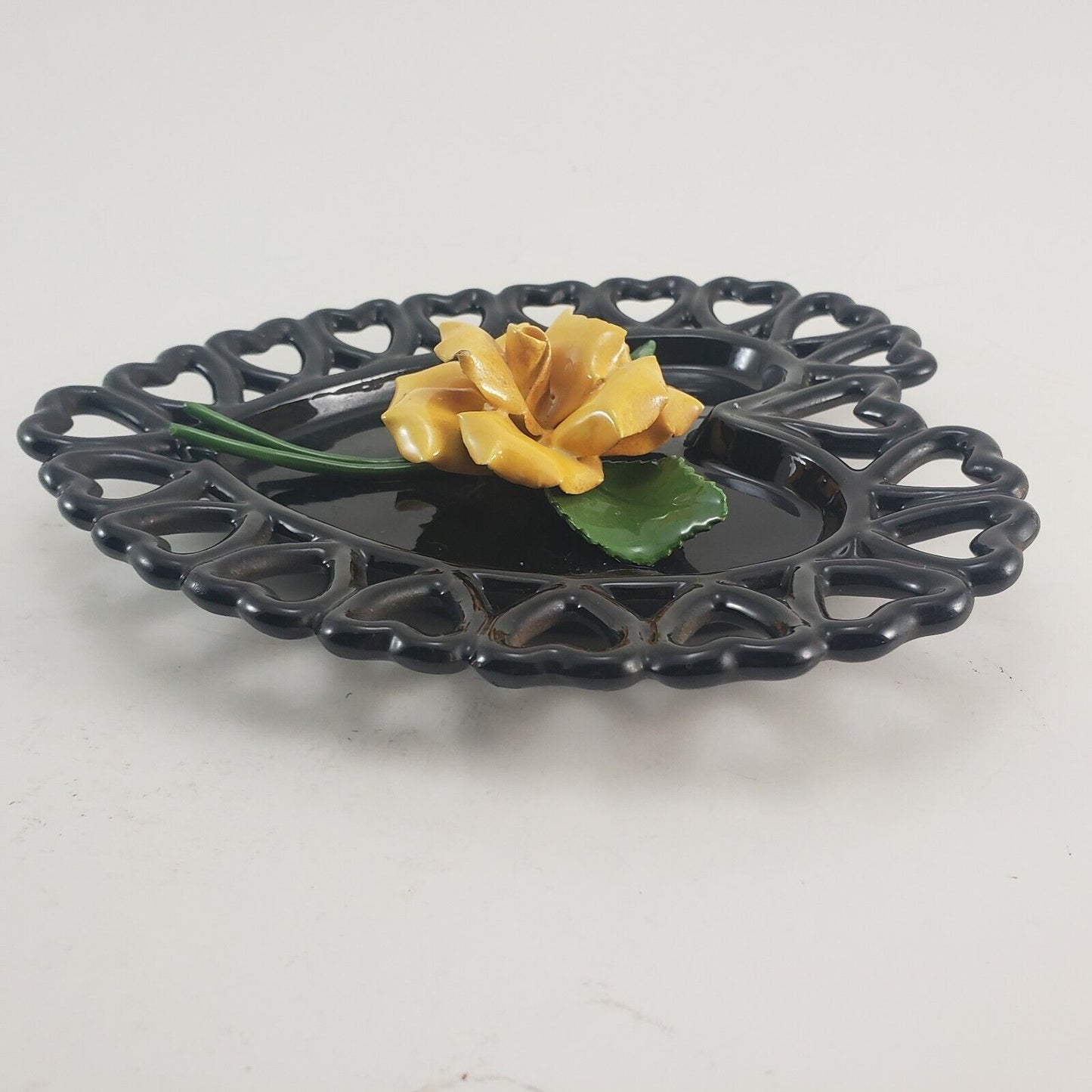 Westmoreland Black Glass Open Lace Heart with Glass Yellow Rose Decor 6¾" x 7¼"