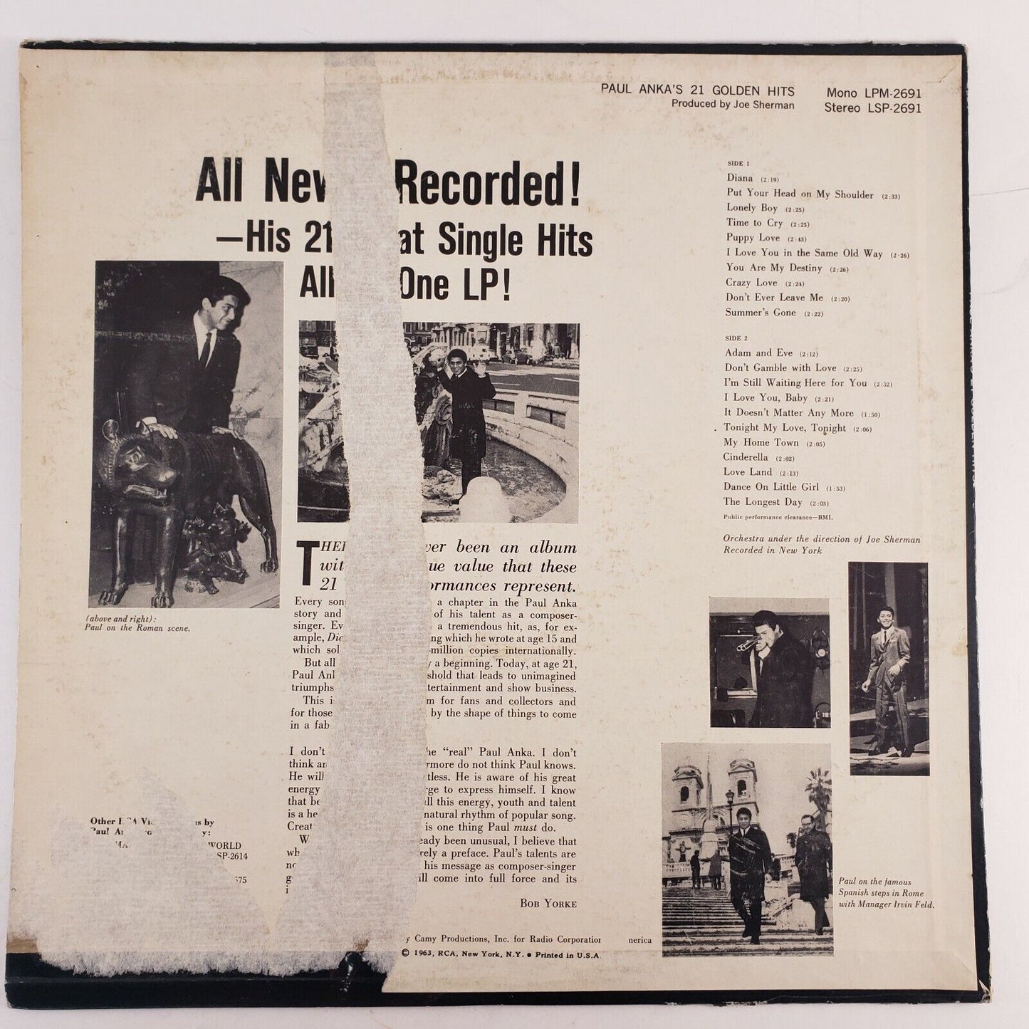 Paul Anka's 21 Golden Hits LP I'M STILL WAITING HERE FOR YOU 1963 RCA LSP-2691