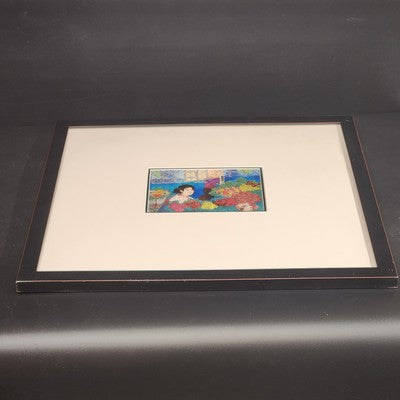 Asian Lady in Flower Shop Art Print 7x5" White Matted Black Wood 20.5"x19" Frame