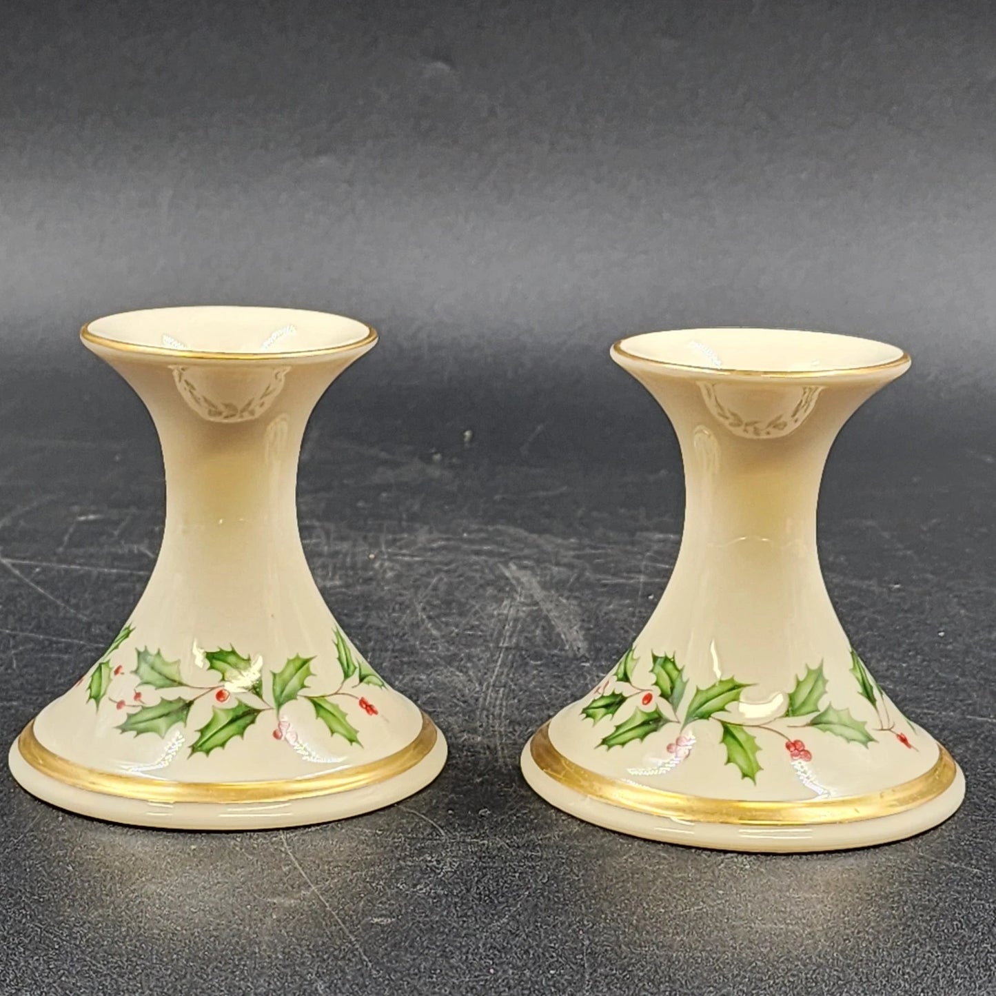 2 Lenox Candlestick Holders Dimension Holiday White China 24K Gold Trim