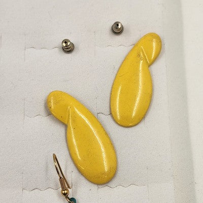 3 Pair of Pierced Earrings Teal Yellow & Gray/White Geometric Shape Drop Pendant