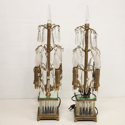 2 Gilt Brass Candelabra Table Lamps Antique Drop Crystal Prisms 4 Candle Lights