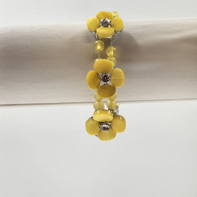 Yellow Faux Pearl & Flower Disc w Rhinestone Motif Double Strand Bracelet 3.75"