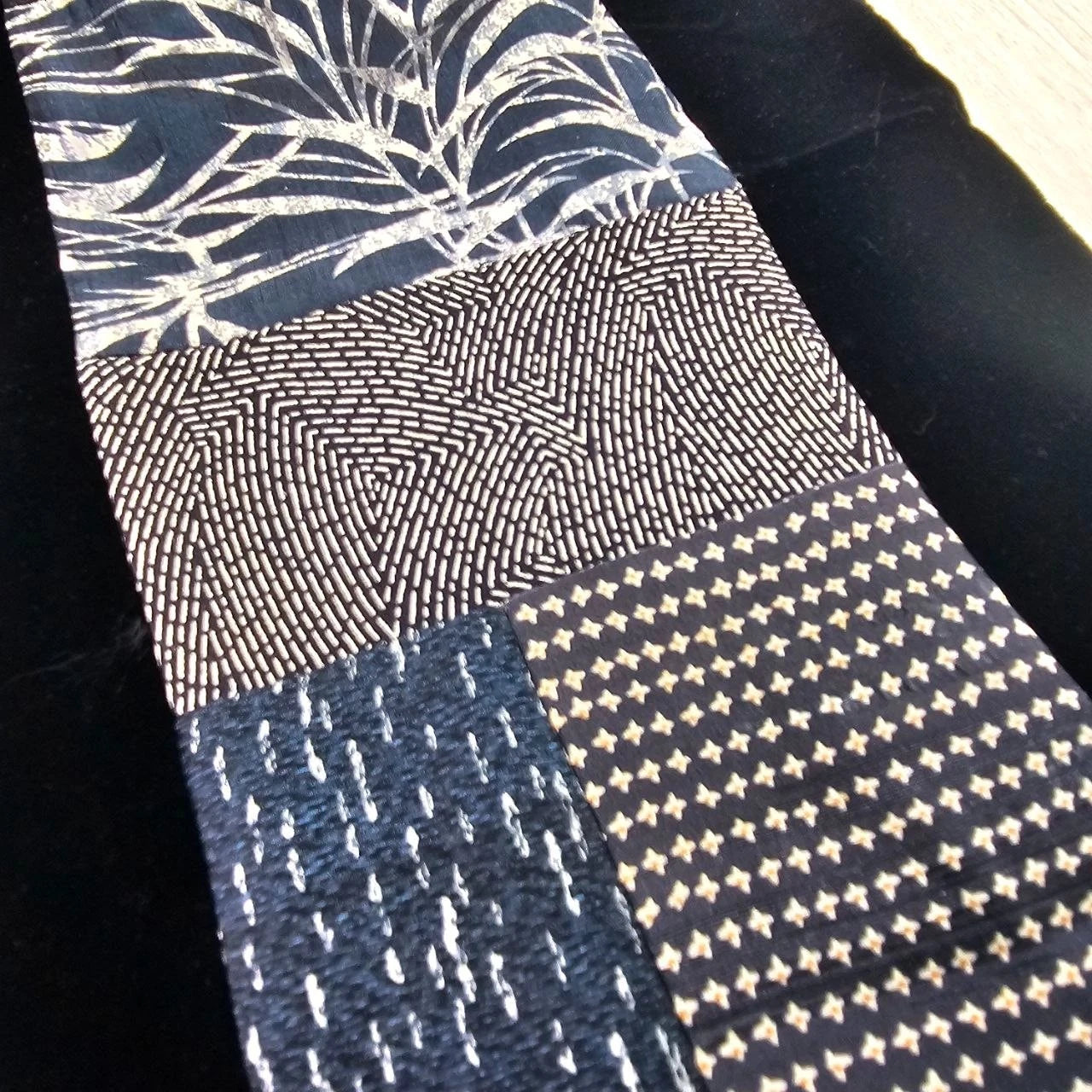 Blue Black Patchwork Table Runner 53" Reversible Luxury Black Velvet Boho Decor