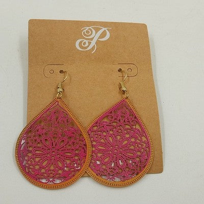 Plunder Mollie Pink Orange Teardrop Shaped Filagree Drop Dangle Earrings Jewelry
