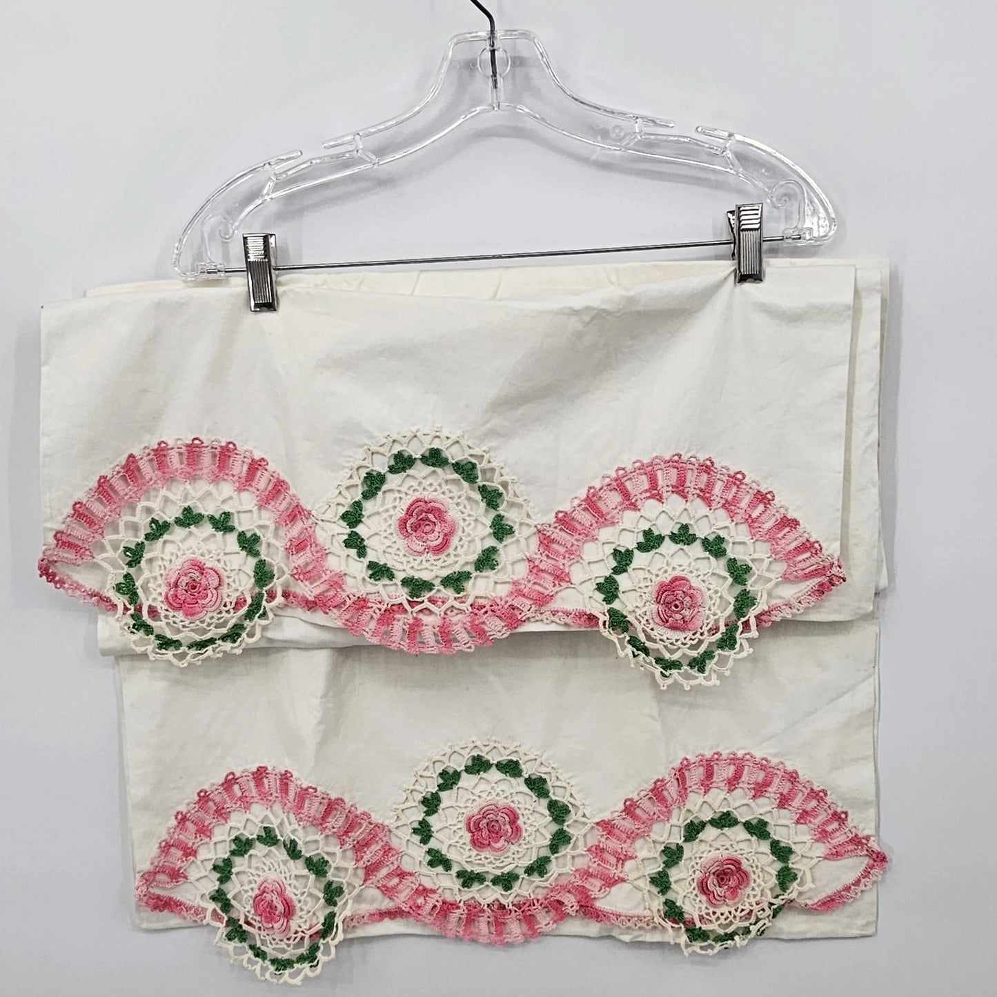 Hand Embroidered Pillowcases Pair Pink Floral Crochet Lace Trim Romantic 36" Vtg