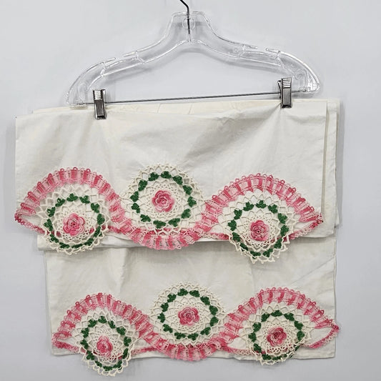 Hand Embroidered Pillowcases Pair Pink Floral Crochet Lace Trim Romantic 36" Vtg