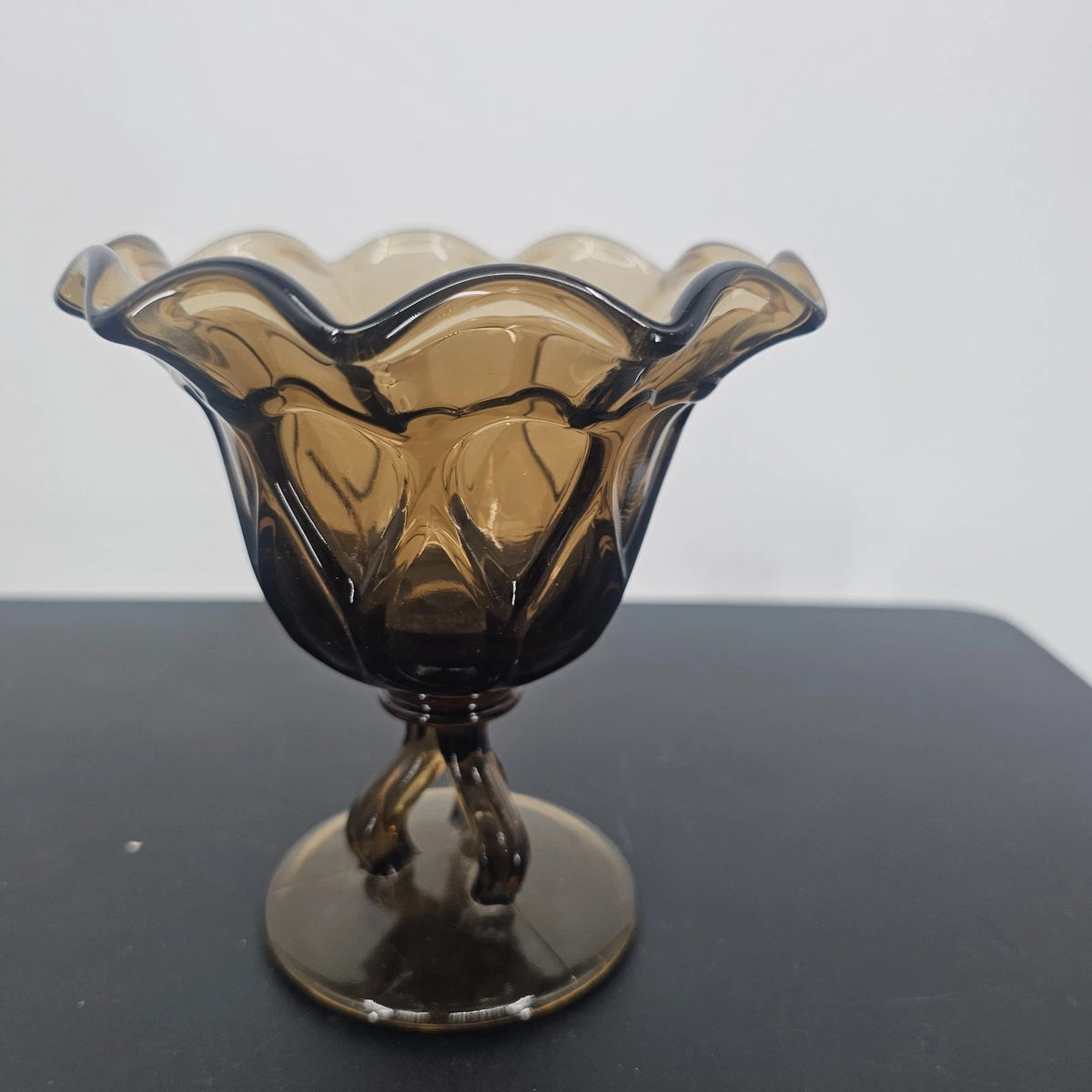 Westmoreland Smokey Brown Glass Footed Compote Scalloped Rim Pedestal Dish 5"