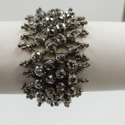 Metallic Grey Faux Pearl Chain Bracelet Faceted Beads Mesh Design 7.25"