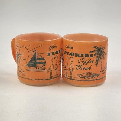 Set 2 Florida Coffee Break Vintage Souvenir Orange Mugs 3" by Federal Glass Co