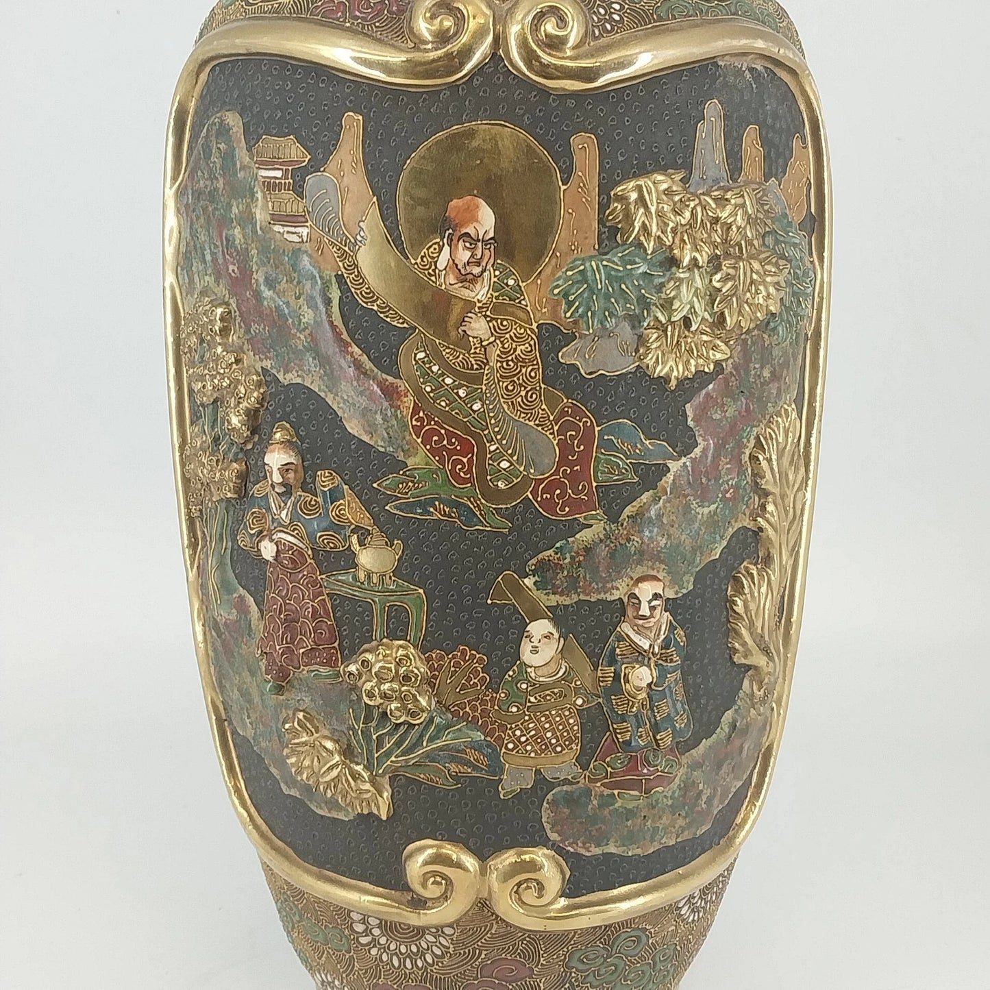 Japanese Moriage Satsuma Vase Lamp Base Gold Gilt Raised Relief 14.5" Antique