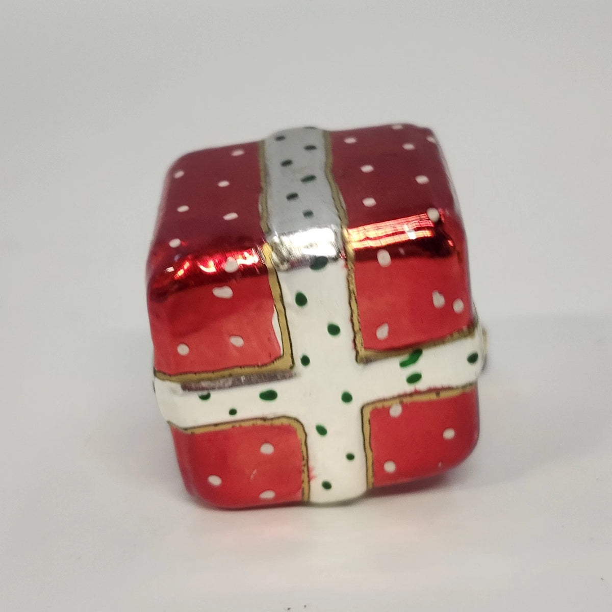 Czech Glass Christmas Present Gift Box Ornament Red Hand Painted 1.75" Vintage