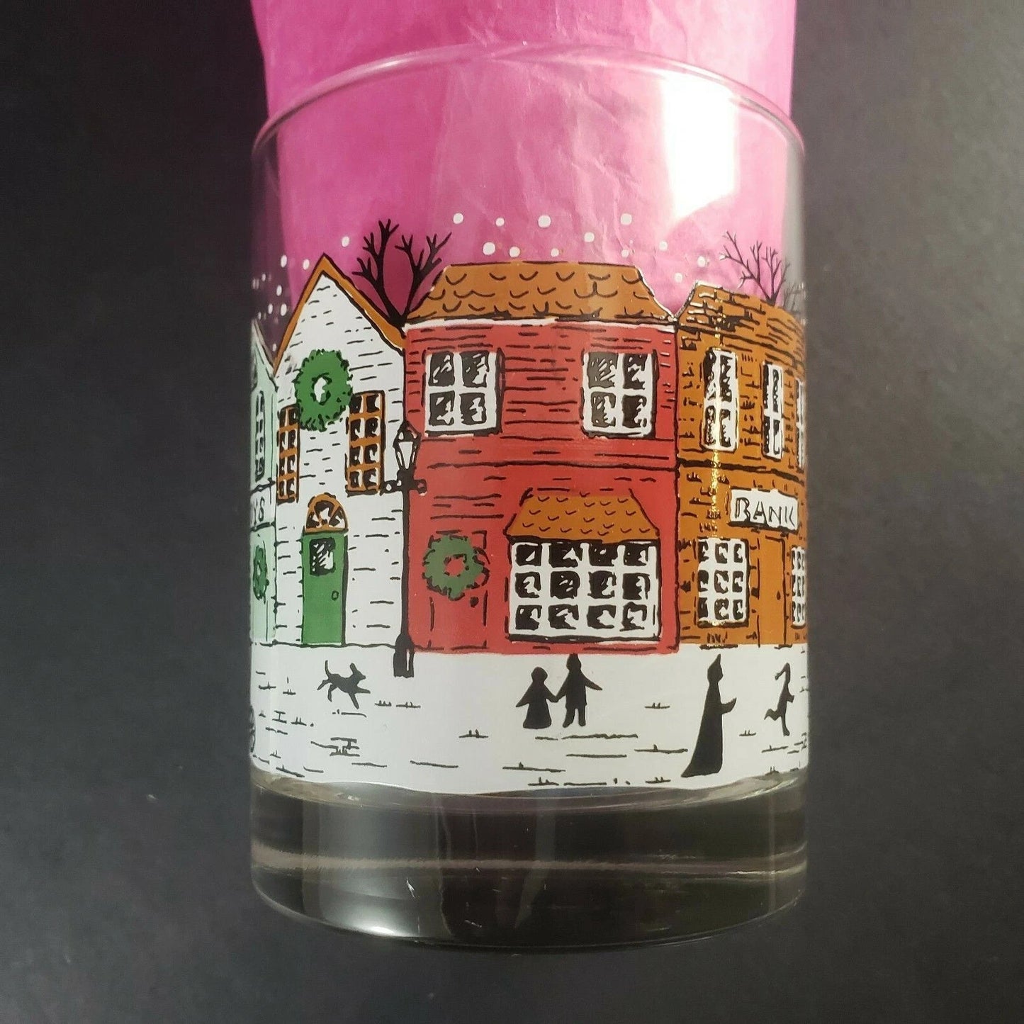 2 Christmas Rocks Glasses Town Square Main Street Holiday Barware Vintage 1980s