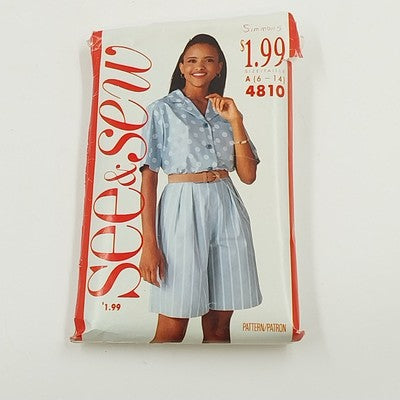 Butterick See & Sew 4810 Vtg Sewing Pattern 1990 Cut Shirt Short Set Size A 6-14