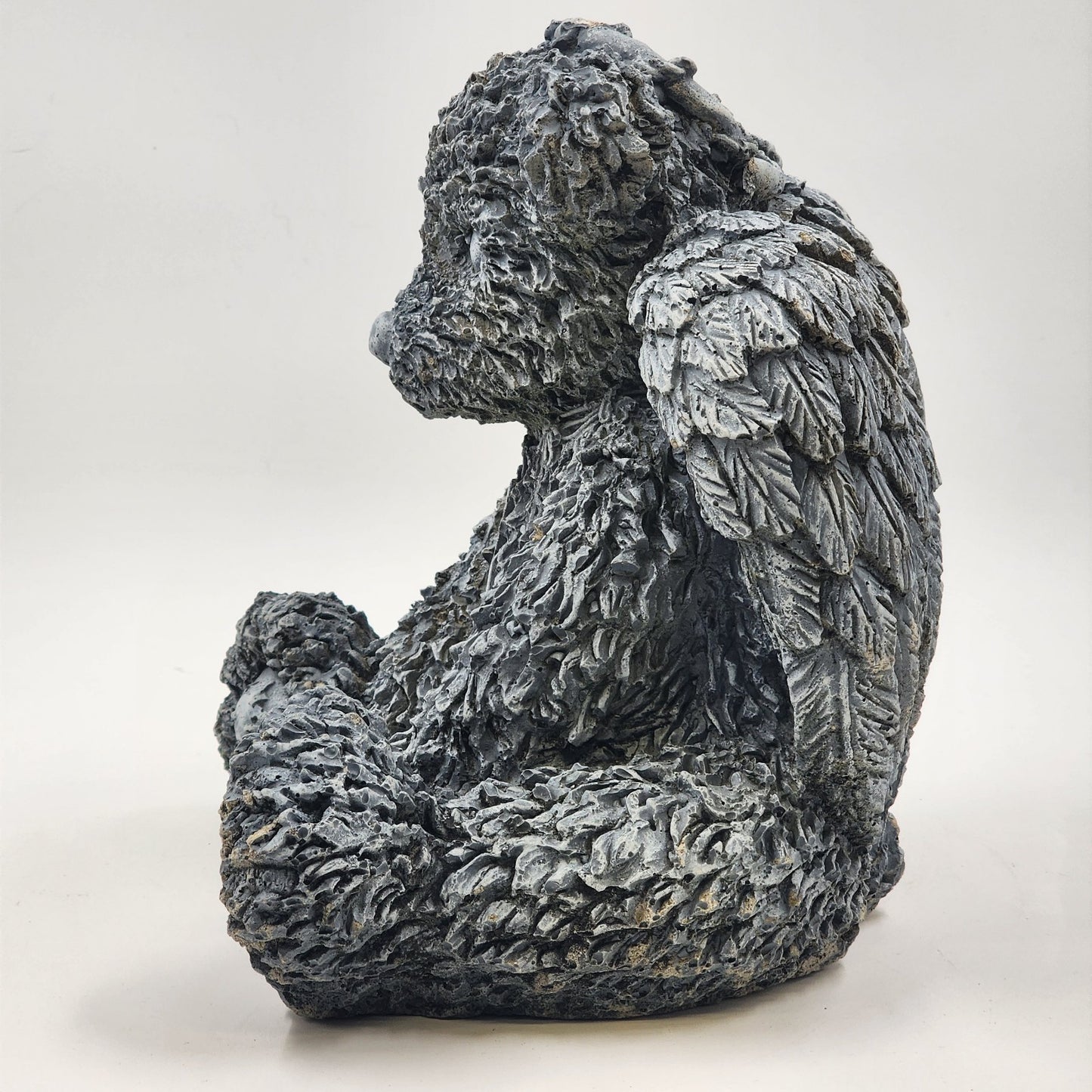 Angel Bear Gray Concrete Stone Statue Seated Halo Wings Cross Garden Decoration