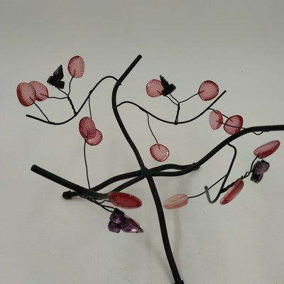 Black Metal Pink Leaf Flower Serving Bowl Stand Display Vintage 1990s 5.25"
