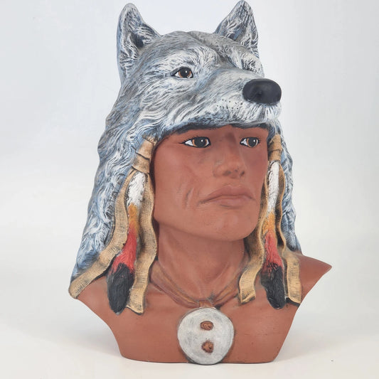 Native American Style Ceramic Bust Wolf Headdress Statue 11.5" Large Crystalline