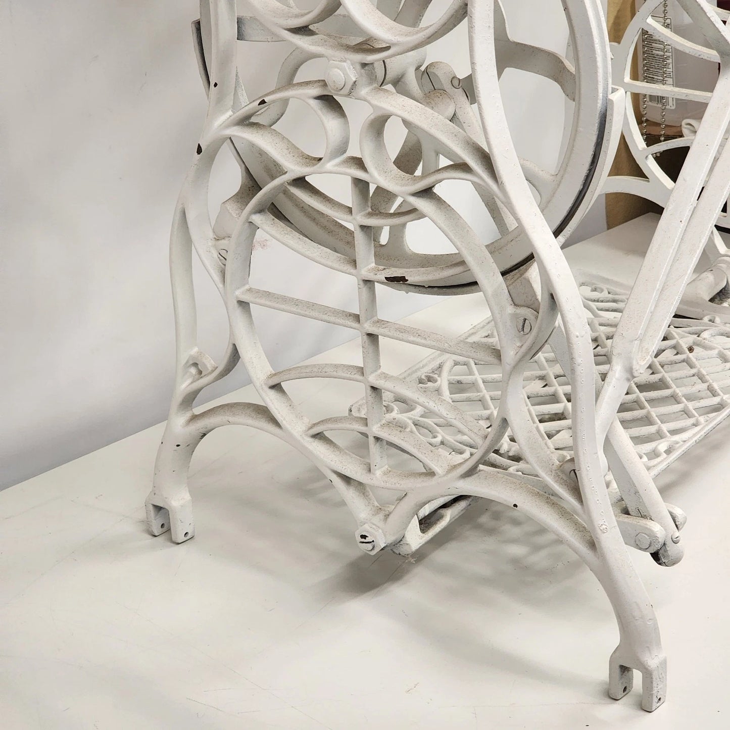 Antique Singer Sewing Machine Table Treadle Base Cast Iron Frame Wood Top 31.5"