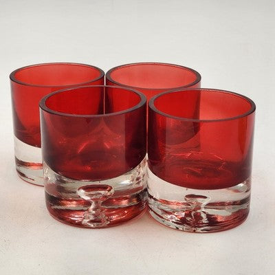 4 Red Flashed Short Highball Shot Glass Tea Lite Bubble Base 2.5"h Thick Barware