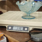 Jeannette Louisa Ice Blue Glass Pedestal Compote Double Handle Ruffled Rim 5.25"