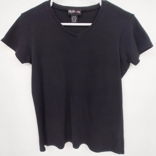 Style & Co Black T Shirt Women's Medium Short Sleeve 100% Cotton V Neck Egypt