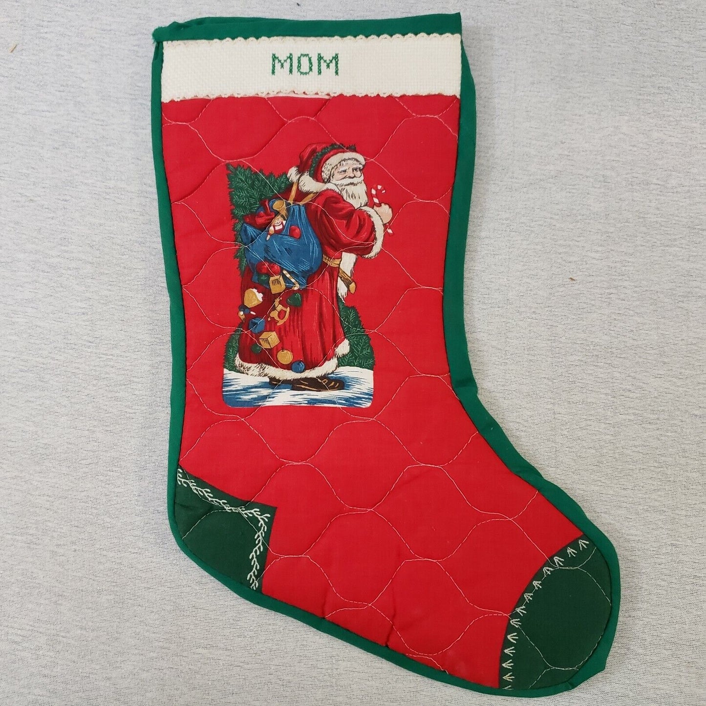 Santa Designs Quilted Mom & Dad Christmas Stockings Monogrammed Red & Green