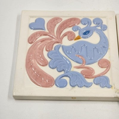 Pair of Pink and Blue on White Peacock Art Tile Trivets Hand Painted 6" x 6" MCM