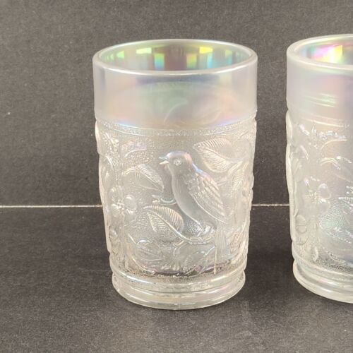 2 Imperial Robin Bird Tumblers Icy White Iridescent Carnival Glass Embossed 8 oz