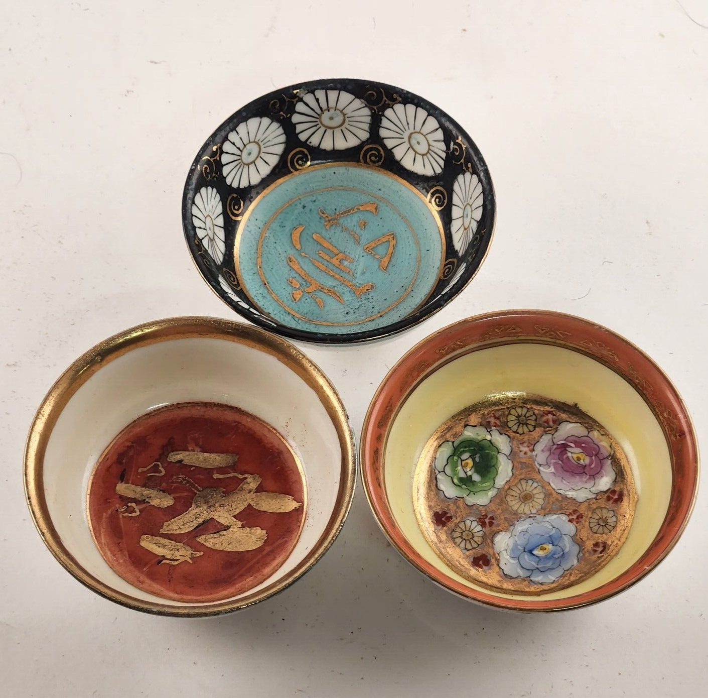 3 Small 3" Sake Bowls Cups Ceramic Various Patterns Made in Occupied Japan