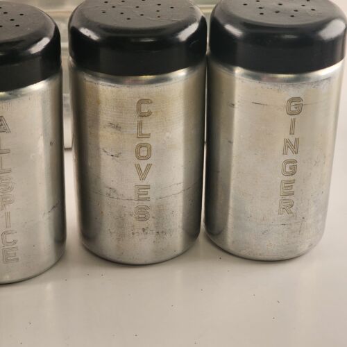 Spun Aluminum Salt Pepper 8 Named Spices and Rack Black Bakelite Lids W Germany