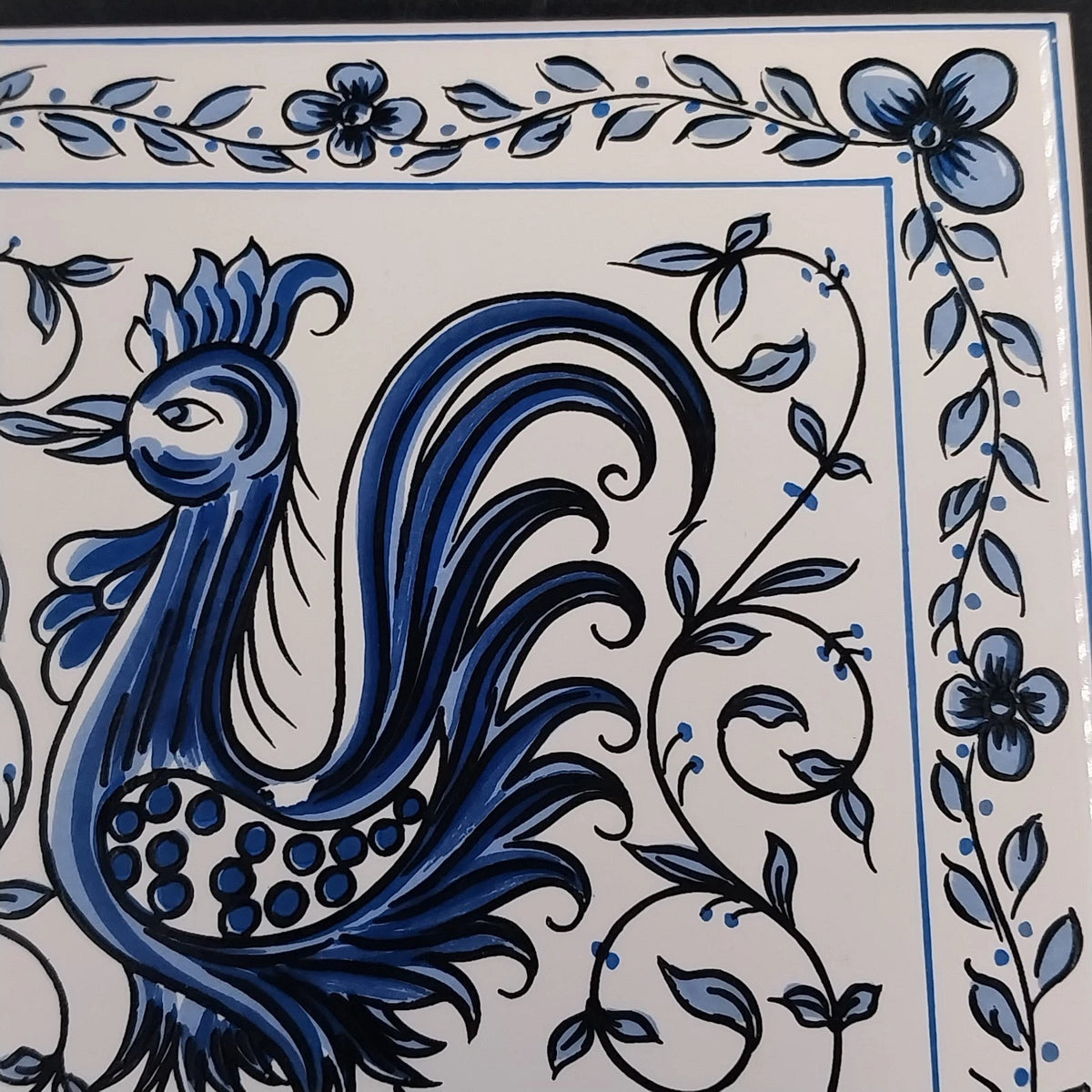 Outeiro Agueda Rooster Ceramic Tile Hand Painted Blue Azulejo Forrado Portugal