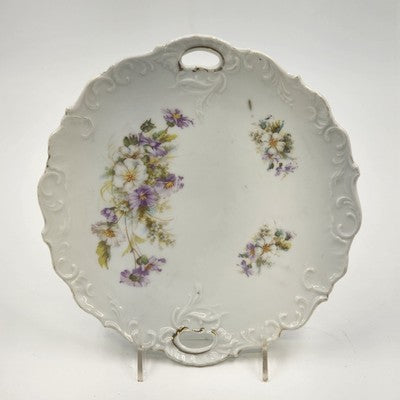 White Porcelain Platter Purple Floral Scalloped Edge Handles 9.5"