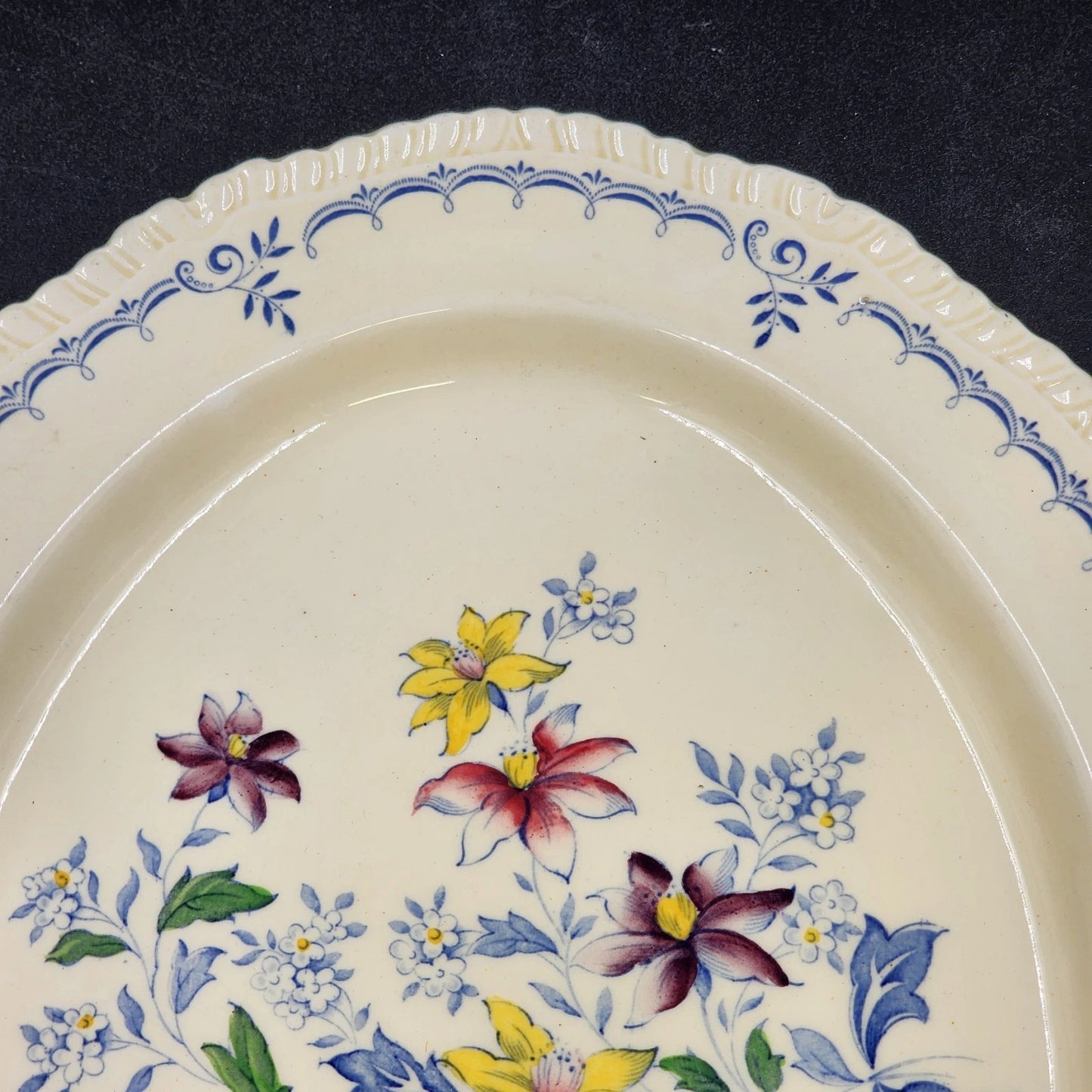 Ridgway’s Cornwall Oval Platter 14" Blue Gadroon Edge Floral Center Sheldon UK