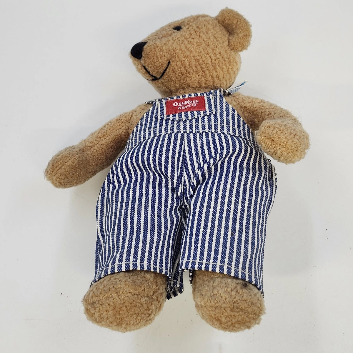 OshKosh B'gosh Teddy Bear Stuffed Plush Hickory Stripe Overalls 12" Vintage 1987